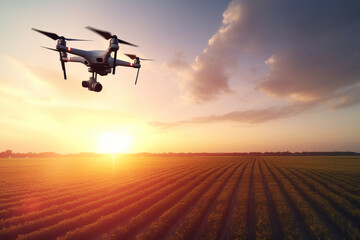 Fototapeta na wymiar Future technology in agriculture, dron flying over crop fields. Generative AI