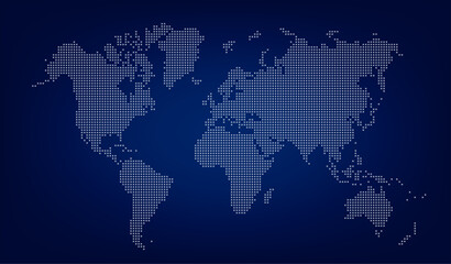 World map with square dot. Аbstract dotted squares world map on dark blue background. Pixels silhouette worldmap. Simple flat wallpaper. Planet with continents for design print. Vector illustration