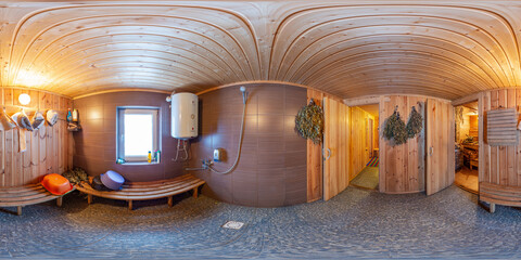 Obraz na płótnie Canvas Full spherical seamless hdr panorama 360 degrees view in interior of sauna complex of saunas for men and women. Generative Ai