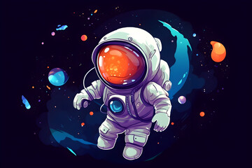 Cartoon illustration Of Space. Space flat background with astronaut, planets and stars. Galaxy illustration for kids. Generative AI