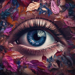 Eye with colorful leaves illustration. Generative AI. 
