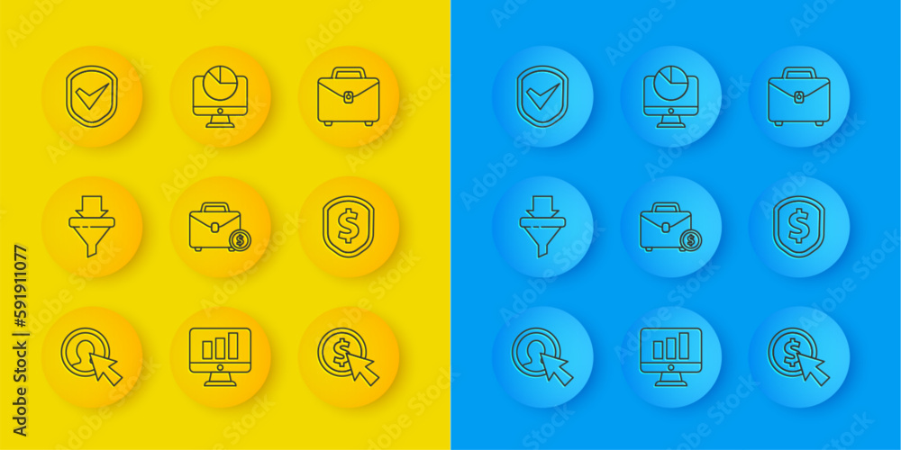 Poster set line user of man in business suit, sales funnel with arrows, briefcase and money, cursor coin, s