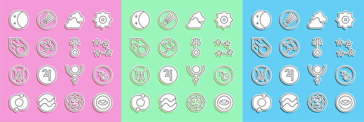 Set line Medallion with eye, Venus symbol, Star constellation zodiac, Cloudy weather, Great Bear, Comet, Eclipse of sun and Old magic key icon. Vector