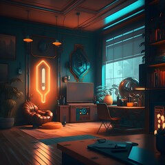 Concept art illustration of apartment living room interior in cyberpunk style. Ai-generative Digital Art.