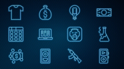 Set line Music player, Glass bong for smoking marijuana, Microphone, Sound audio recorder, Drum machine music, T-shirt, Rapper and Money bag icon. Vector