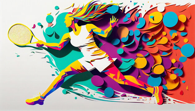 Professional tennis woman is playing with racket in her right hand. Female engaged in some physical activity made of paper cut-outs in a wide range of vibrant colors. Ai generated.