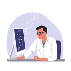 Man Scientist looking at monitor in the lab. Scientific research. Vector cartoon flat style illustration