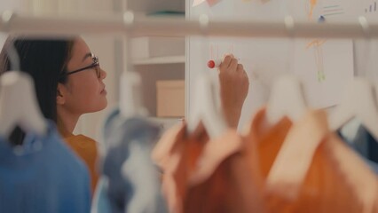 Young businesswoman planning own brand strategy, writing ideas on whiteboard