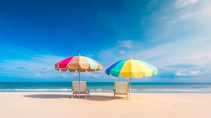 Fototapeta na wymiar Chairs and umbrella on a paradise beach. Generative AI