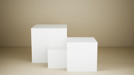 Présentoir de produit ou piédestal de vitrine, podium, stand vide, composé de trois cube avec arrière plan simple pour intégration produit, rendu 3d