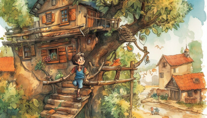 Obraz premium Childhood kids illustration in beautiful colors and childrens book style. AI generated