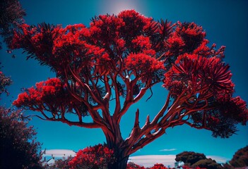 Pohutakawa tree flowering in summer in New Zealand on a blue sky sunny day. Generative AI