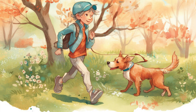 Childhood kids illustration in beautiful colors and childrens book style. AI generated