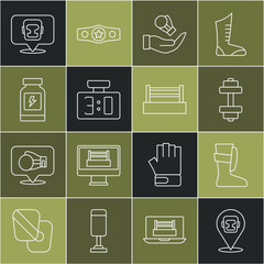 Set line Boxing helmet, Sport boxing shoes, Dumbbell, glove, mechanical scoreboard, Energy drink, and ring icon. Vector