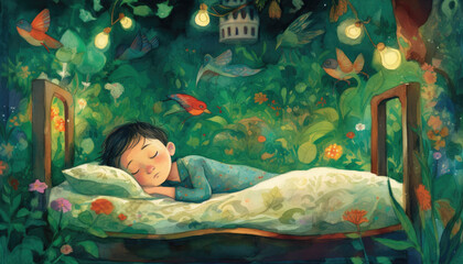 Childhood kids illustration in beautiful colors and childrens book style. AI generated