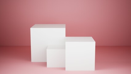 Présentoir de produit ou piédestal de vitrine, podium, stand vide, composé de trois cube avec arrière plan simple pour intégration produit, rendu 3d