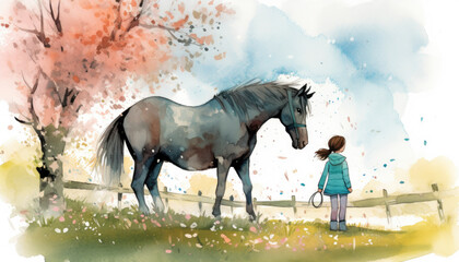 Childhood kids illustration in beautiful colors and childrens book style. AI generated