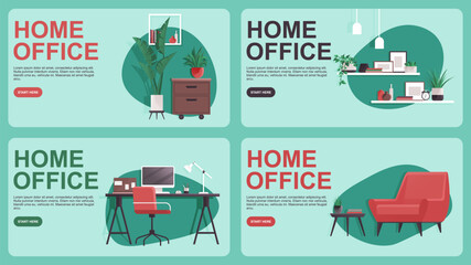 Home office concepts set with computer, armchair, homeplant, deor elements. Cosy workspace interior design. Work from home, freelance or studying. Coworking space interior. Workplace of employees