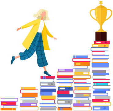 Concept of reading and knowledge help achieve goals, success in education and career. Girl and prize on books staircase, academic achievement. Woman run on stairs of books stacks to award on top
