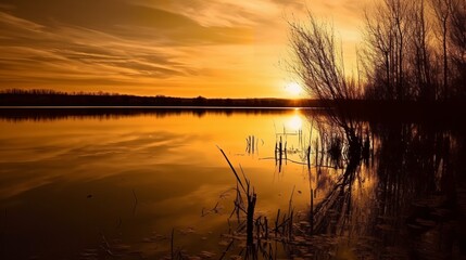 Obraz premium Golden Hour Reflections at the Lake