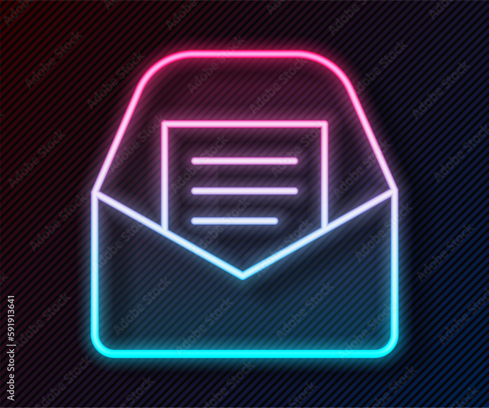 Poster glowing neon line mail and e-mail icon isolated on black background. envelope symbol e-mail. email m