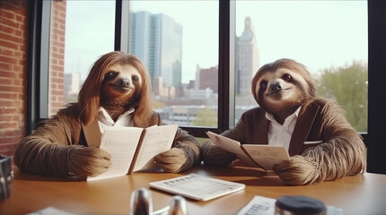 Two sloths working together in the business office. View of the city skyscraper outside the window. Generative AI - 591914084