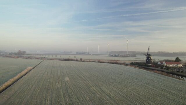 Wind farm in rural landscape, Noord-Brabant the Netherlands