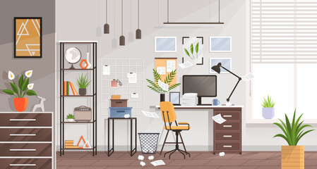 Modern home office interior. Remote workplace with desk, chair, computer and potted plants. Front view of empty working place with furniture. Interior for freelancer. Work table with wheelchair