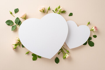 An alluring photograph from above displaying gorgeous miniature roses on a calming beige background, with a blank two hearts perfectly positioned for promotional content