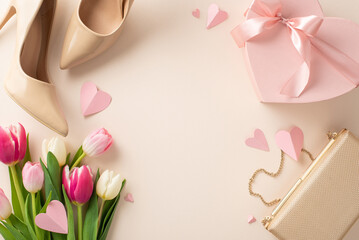 Mother's Day gift concept. Chic top view flat lay featuring high-heels, a trendy handbag, a gift box, tulip flowers on a pastel beige background with empty space for text or advert