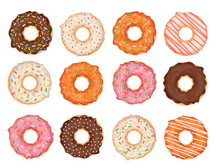 Set of donuts isolated on white background. Collection of vector illustrations of donuts with different toppings and flavors. Sweet pastry.