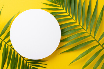 Overhead top view photo of green fresh palm leaves with empty circle for advert on vibrant yellow backdrop