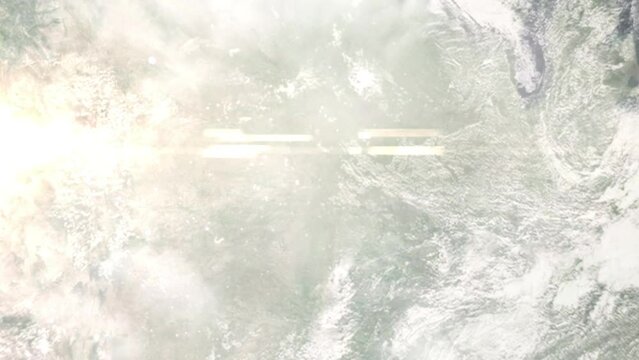 Earth zoom in from outer space to city. Zooming on Manhattan, Kansas, USA. The animation continues by zoom out through clouds and atmosphere into space. Images from NASA