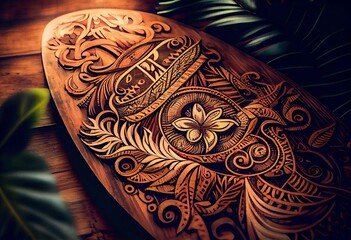 Design of trendy hawaii surf for tiki bar. Traditional ethnic surfing of hawaiian, maori or polynesian. Old tribal board. Generative AI