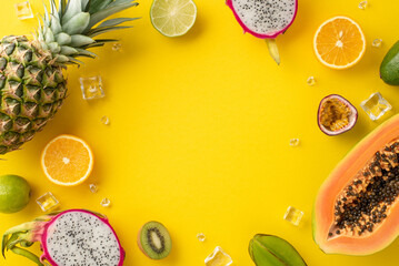 A tropical explosion of flavors. Top flat lay view photo of dragon-fruit, kiwi, papaya, pineapple, orange, lime, carambola on yellow background with copy space for text