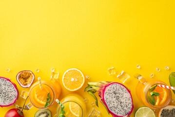 A fruity oasis. Top flat lay view photo of colorful and tasty fruit juice or cocktail in glass jar,...