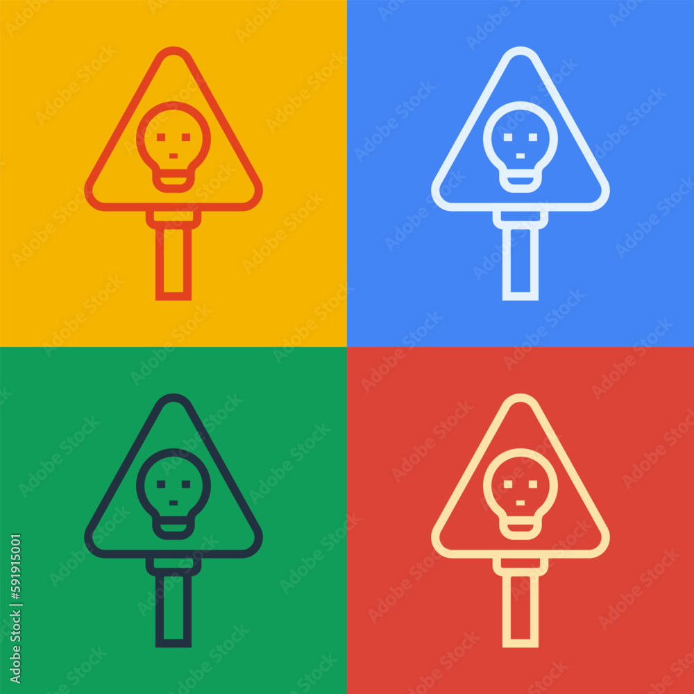 Poster pop art line bones and skull as a sign of toxicity warning icon isolated on color background. vector