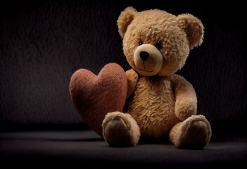 a teddy bear holding a heart on a dark background with a black background behind it and a black background behind it, with a black background with a red heart and a black background. Generative AI