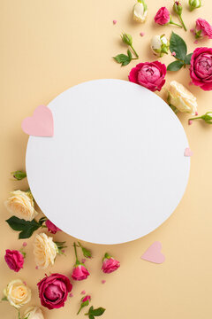 Mother's Day gratitude concept. Flat lay top vertical view photo of circle-shaped banner with copy space for advertising or branding and elegant roses on pastel beige background