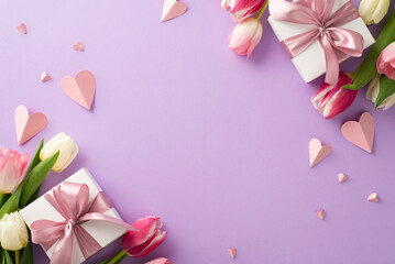 Mother's Day surprise gift concept. Top view flat lay of pretty pink present boxes with ribbon, tulip flowers, paper hearts on a soft pastel purple background with space for text or advert