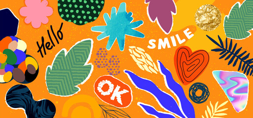 A vibrant collection of playful shapes, colours and patterns. Playful vector illustration layout.