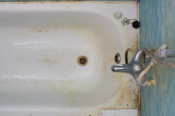 Very dirty bathroom. Very dirty bath, water drain, sewerage, water faucet mixer tap, sewage,...