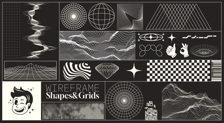A collection of futuristic Y2K shapes and grid patterns for layouts and design. Vector illustration kit