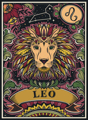 Beautiful colorful pre-made card with Leo zodiac sign illustration and flowers in ornate victorian style.