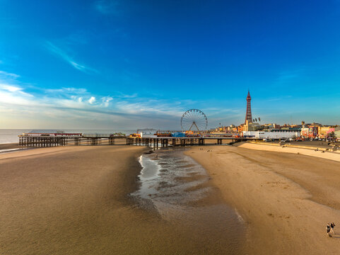 Aerial Photograph of Blackpool's Golden Beach, Blackpool Tower and North Pier