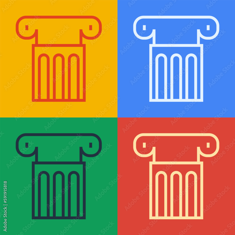 Poster pop art line ancient column icon isolated on color background. vector
