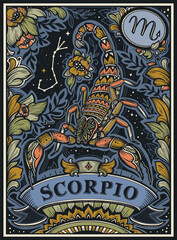 Beautiful colorful pre-made card with Scorpio zodiac sign illustration and flowers in ornate victorian style.