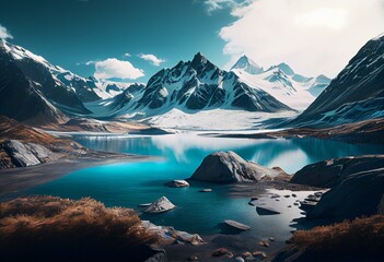 a mountain range with a lake in front of it and snow covered mountains in the background with a blue sky and white clouds in the background.  generative ai