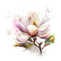 Fototapeta na wymiar Watercolor illustration of magnolia flower, isolated on white background. Generative AI
