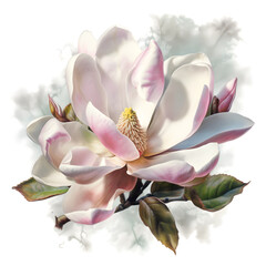 Watercolor illustration of magnolia flower, isolated on white background. Generative AI